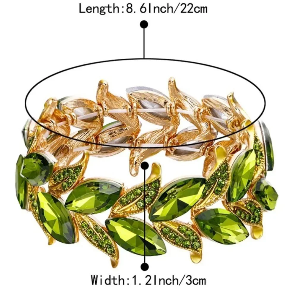 Yellow Gold and Green Peridot Austrian Crystal Leaf Stetchable Bracelet Bangle